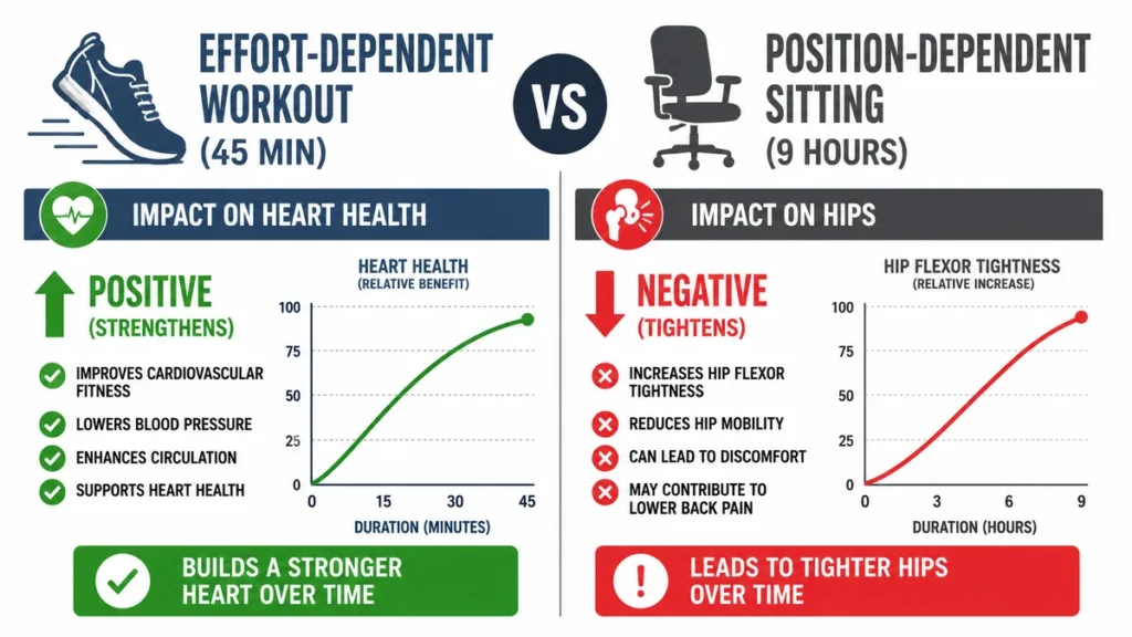 Comparison chart contrasts positive heart benefits of a 45-minute workout against hip tightness from 9 hours of sitting.