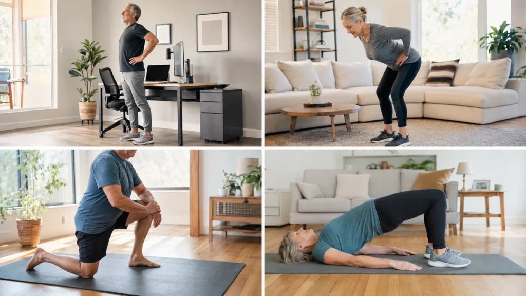 Four exercise panels demonstrate a standing hip extension, controlled hip hinge, half-kneeling stretch, and glute bridge.