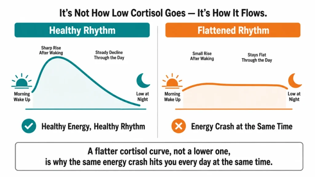 Diagram comparing a healthy versus flattened daily cortisol curve, showing how a weaker morning peak and shallow afternoon drop — not low cortisol — produce the midday energy crash.