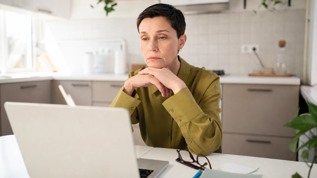 Mature woman propping her chin on clasped hands, staring at her laptop screen, drained by a midday cortisol after 50 crash.