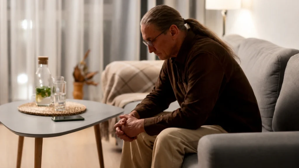 Older adult sitting restlessly on a couch in the evening, still uncomfortable hours after a meal.