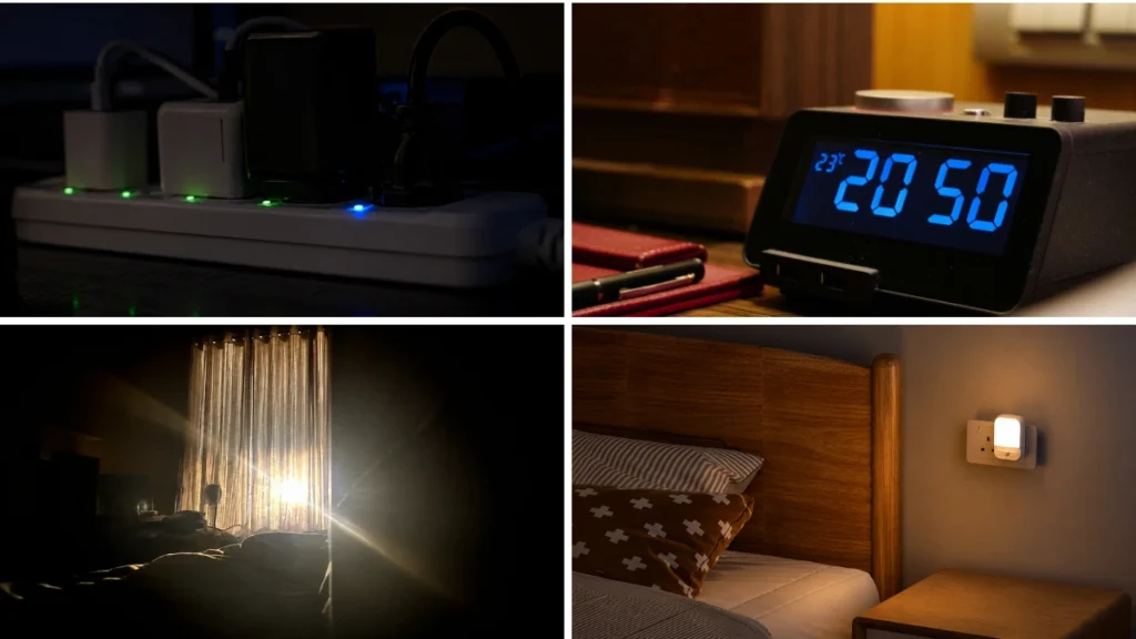 Grid collage of hidden bedroom light sources showing glowing LEDs, a digital clock, curtain light gaps, and a nightlight, arranged to help readers identify sleep disruptors.