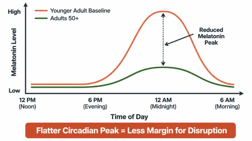 Line graph comparison of 24-hour melatonin curves showing flattened nighttime peaks in adults over 50 versus younger baselines, with a callout highlighting less margin for disruption.