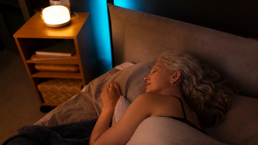 Woman in her 50s sleeping in bed with a warm nightstand lamp illuminating her face.