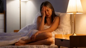 Mature woman sitting in bed under bright lamp light managing bedroom light sleep disruption.