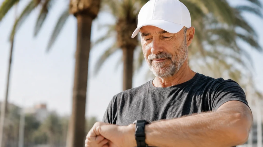 Active senior man checking his smartwatch step counter while walking after 50 on a sunny outdoor trail.
