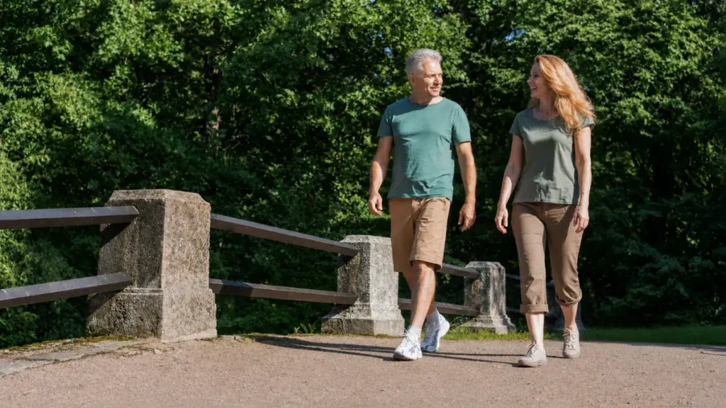 Mature couple walking briskly along a tree-lined park pathway to support cardiovascular health and joint mobility after 50.
