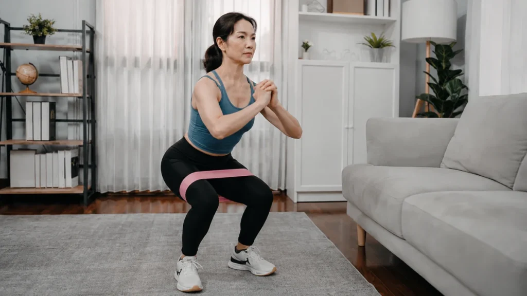 Mature woman executing a controlled bodyweight squat with resistance band at home to support leg strength and bone density.