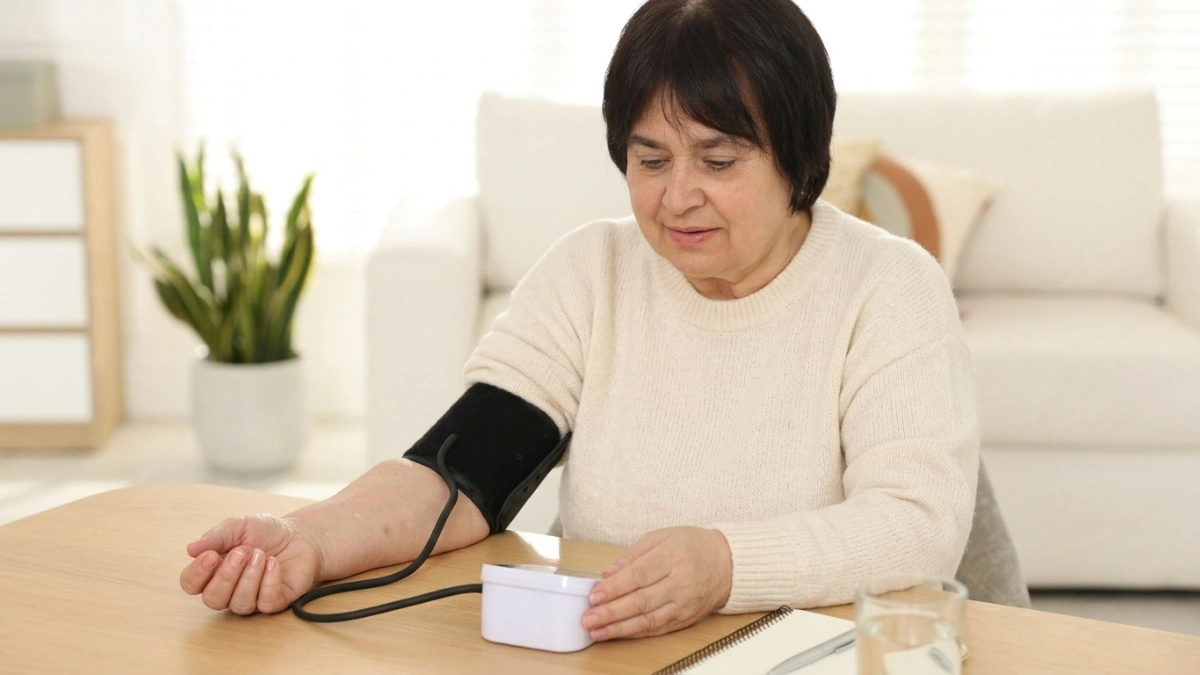 A mature woman in a cozy cream sweater seated at a sunlit wooden table using a digital blood pressure monitor with a notebook and glass of water nearby.