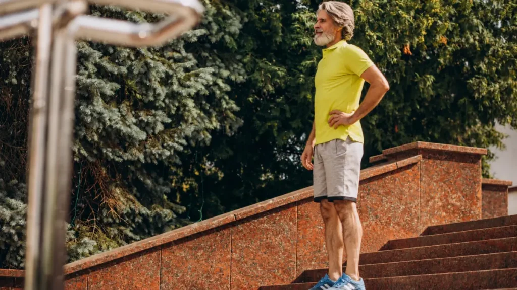 A mature athletic man pausing on outdoor park steps during a stair-walking workout routine with greenery in the background.