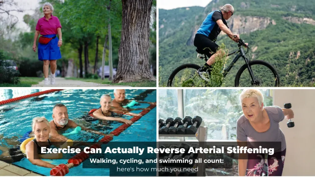 Four-panel exercise photo grid depicting walking, cycling, swimming, and weight training with a text banner explaining how regular exercise helps reverse arterial stiffening.
