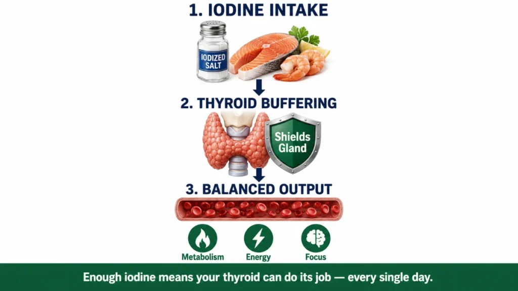 Process diagram of iodine buffering in the thyroid demonstrating how adequate dietary iodine maintains hormone synthesis despite goitrogen presence, with thick directional arrows indicating sequential biochemical flow.