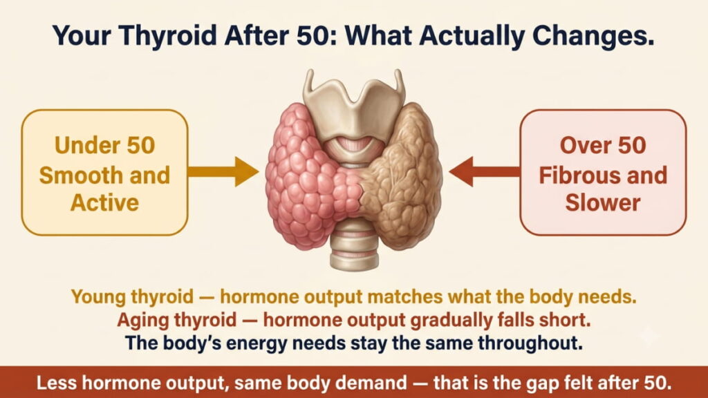 Anatomical diagram of the thyroid gland showing age-related tissue changes that impact thyroid health after 50.