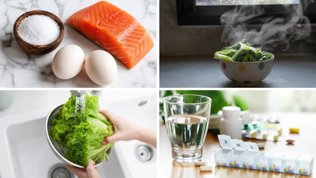 2x2 collage of thyroid support steps displaying iodine foods, steamed broccoli, washed leafy greens, and supplement timing.