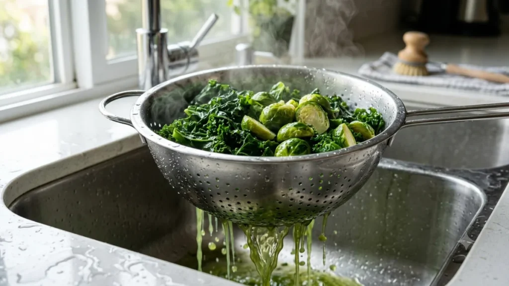 Boiled kale and Brussels sprouts draining in a stainless steel colander over a kitchen sink, with green-tinted cooking water streaming out.