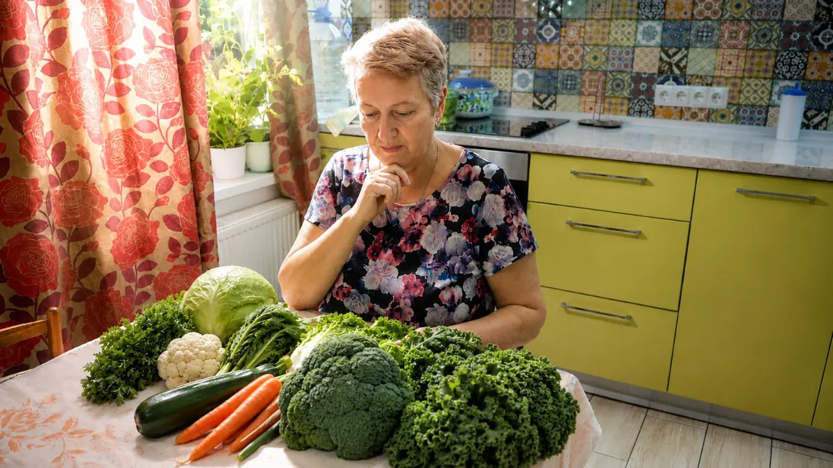 A woman in her 60s sits at a kitchen table looking pensively at a spread of cruciferous vegetables including broccoli, kale, cauliflower, and cabbage, with her hand raised to her chin in concern.
