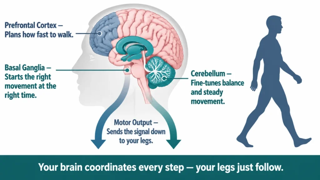 Anatomical diagram of brain motor pathways demonstrating how executive regions coordinate movement down to the legs, with labeled callouts for the prefrontal cortex, basal ganglia, and cerebellum alongside directional arrows.