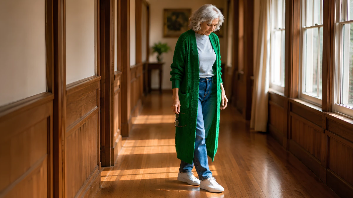 Mature woman pausing mid-stride in a sunlit wooden hallway reflecting on gait speed and brain health.
