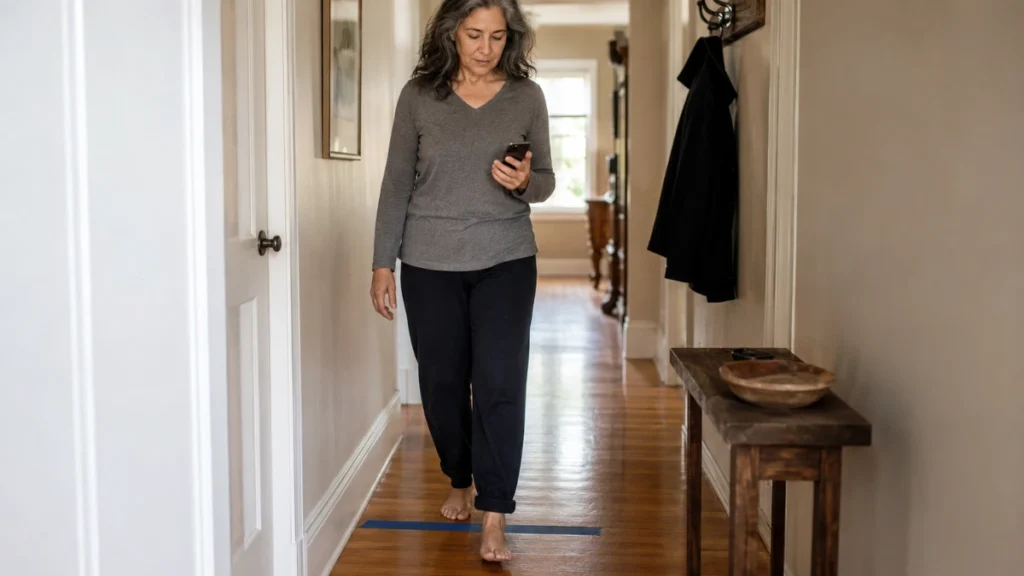 Mature woman timing her stride over a blue tape line on a wooden hallway floor to check home walking pace.