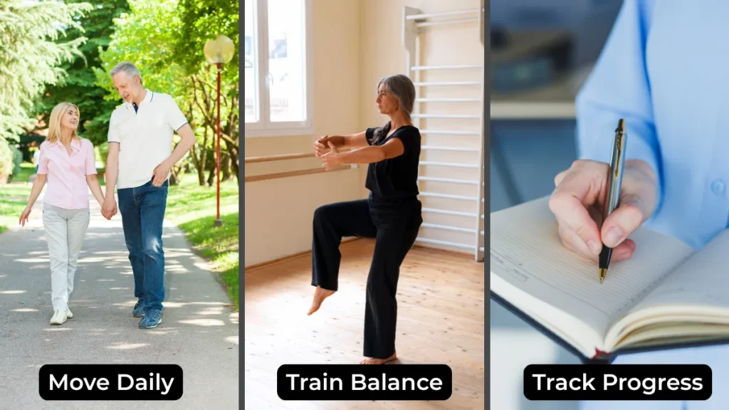 Three-panel photo collage featuring outdoor walking, tai chi balance training, and progress tracking for daily brain-body health.