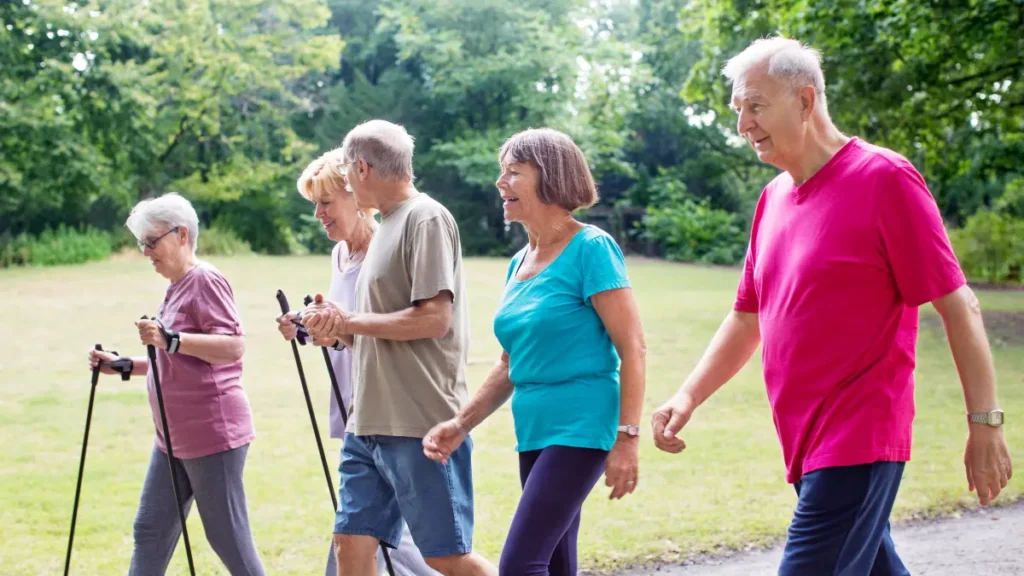 Group of older adults on a brisk outdoor walk along a sunny park trail, engaged in conversation mid-stride.