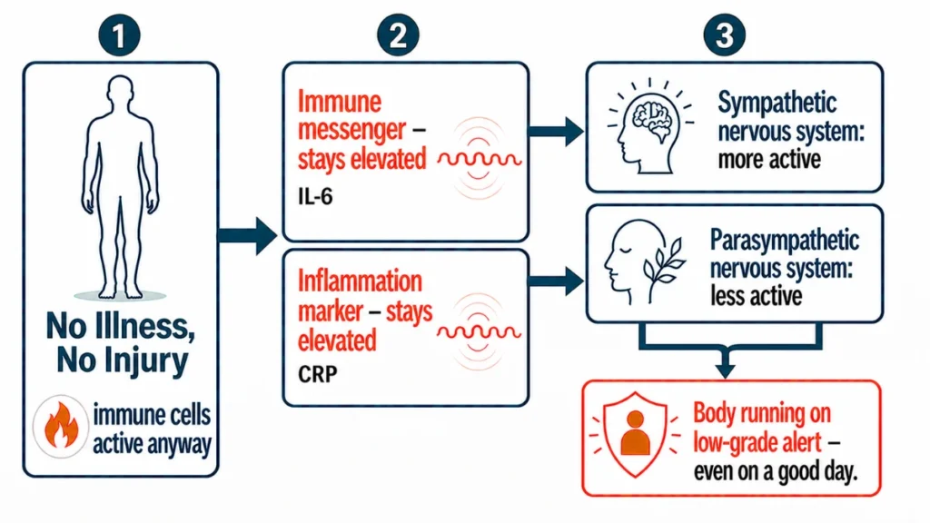 Process flow diagram showing how IL-6 and CRP remain elevated in aging adults at rest, shifting the sympathetic nervous system toward greater activity and the parasympathetic system toward less, producing a persistent low-grade alert state despite no illness or injury.