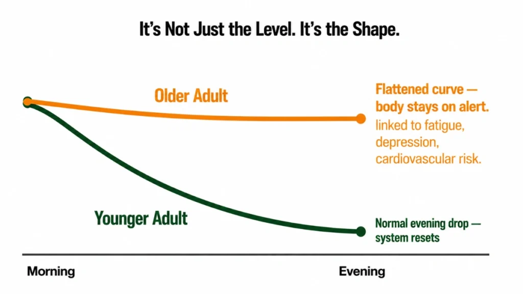 Line graph comparing diurnal cortisol curves showing a steep morning-to-evening decline in younger adults versus a flattened trajectory in older adults, associated with fatigue, depression, and cardiovascular risk.