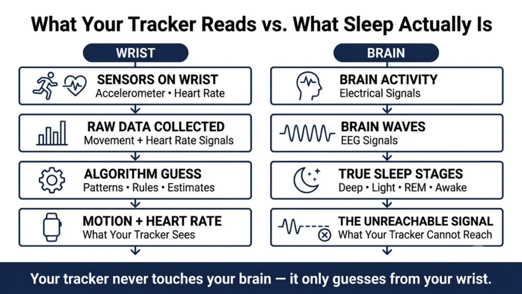 Mirrored two-column navy flowchart comparing wrist sensor data to actual brain activity across four stages, demonstrating how a tracker's wrist-based guess diverges from real brain-measured sleep, with a broken EEG-line icon marking the signal it can never reach.