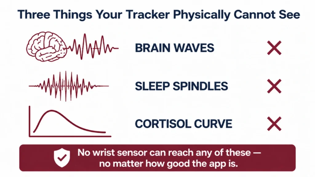Burgundy icon list of three biological sleep signals — brain waves, sleep spindles, and the cortisol curve — each marked with an X, demonstrating that no wrist-worn tracker can physically detect them.