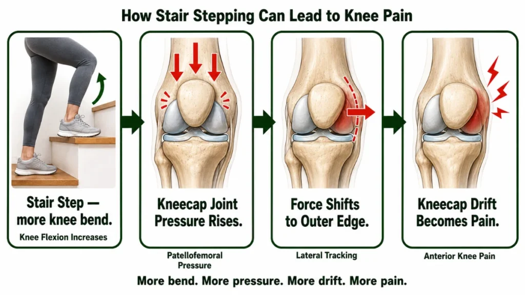 Four-stage process diagram of how knee pain on stairs develops, demonstrating the chain from increased knee flexion through rising patellofemoral pressure to kneecap lateral drift and anterior pain, with sequential arrows connecting each mechanical stage.