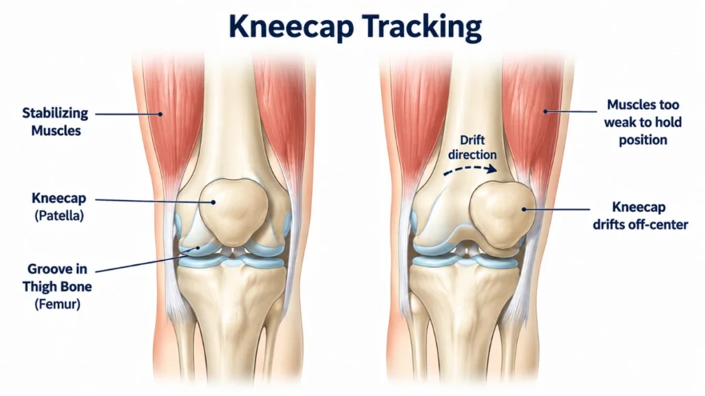 Two-panel anatomical diagram of kneecap tracking comparing normal patella alignment against lateral drift, demonstrating how weakened stabilizing muscles allow the kneecap to shift off-center, with labeled callouts distinguishing structural anatomy on the left from failure mechanics on the right.