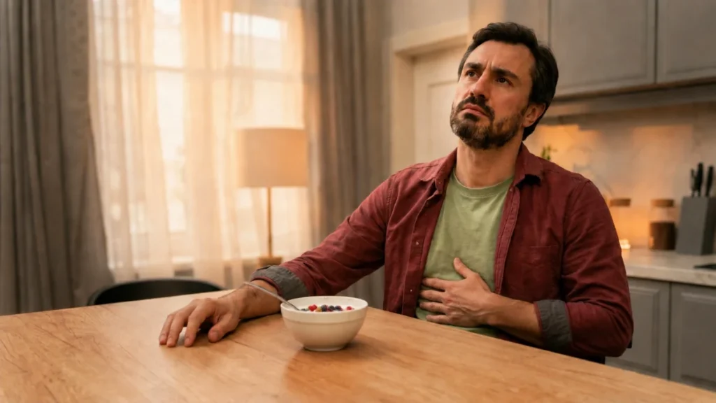 Mature adult pausing over an untouched breakfast plate, hand resting on a bloated stomach after a normal-sized meal.