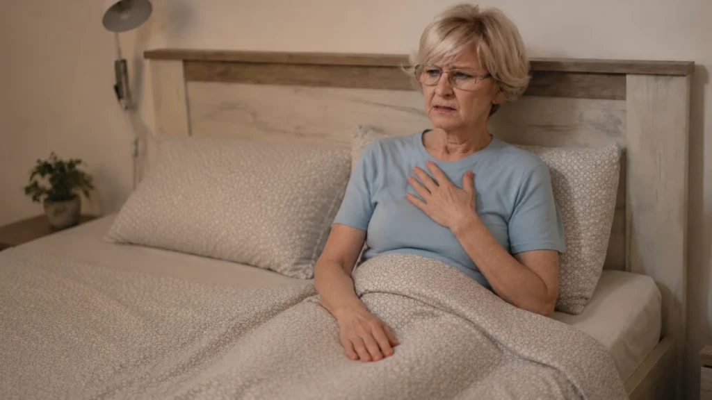 Senior women sitting up in bed at night, hand on chest, experiencing mild reflux discomfort before sleep