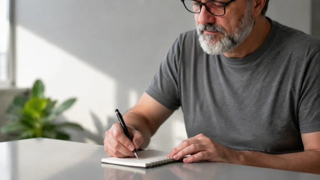 Mature adult jotting bloating triggers in a small notebook at the table.