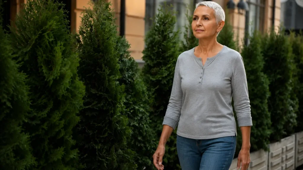 Mature adult taking a slow walk outside right after finishing an evening meal.
