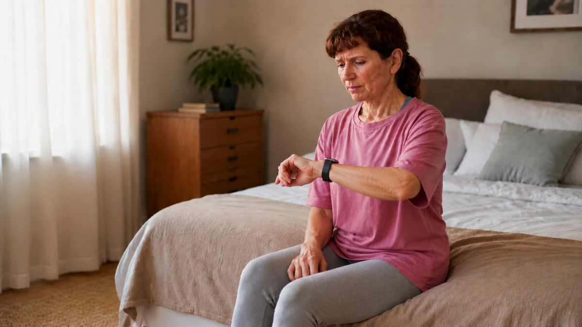 Woman in her late 50s checking her smart watch with a faintly skeptical expression despite looking rested and alert.
