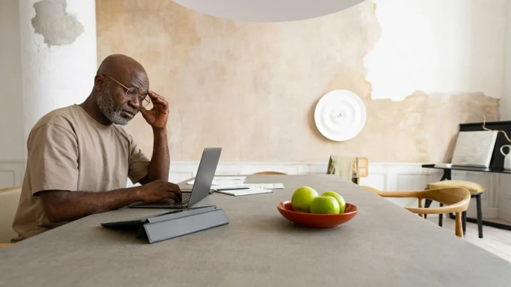 Fatigued mature man rubbing his temple at a long table with a laptop to manage a midday cortisol after 50 energy crash.