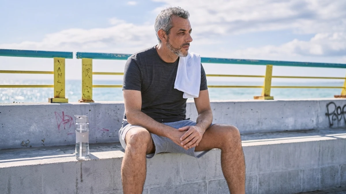 Thoughtful man sitting on a weathered concrete ledge to manage why exercise feels more exhausting after 50.