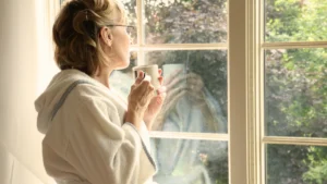 Mature woman looking out a window while holding a morning mug, reflecting on her experience with an antidepressant over 50.