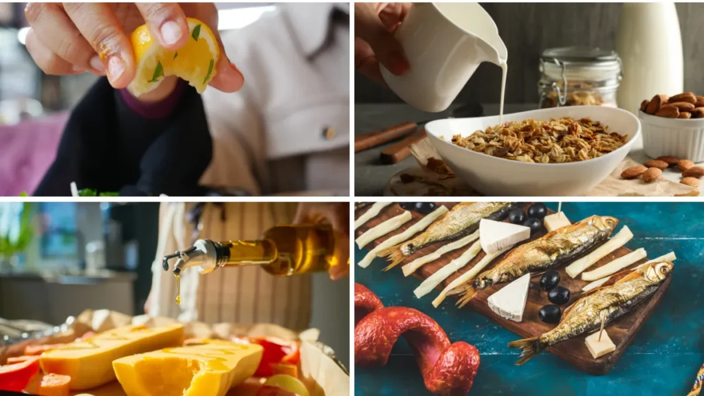 A four-panel culinary collage showing strategic nutrient pairingsāincluding squeezing lemon over food, pouring milk on cereal, drizzling olive oil on squash, and serving sardines with cheeseādesigned to maximize bio-availability.