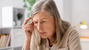 Mature woman pressing a finger to her temple with a furrowed brow, managing the mental strain of untreated hearing loss.