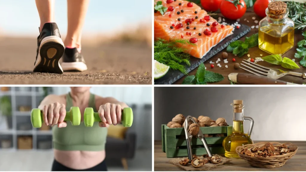 Four-panel photo collage displaying outdoor walking, fresh raw salmon with olive oil, light neoprene dumbbell training, and raw walnuts next to olive oil.