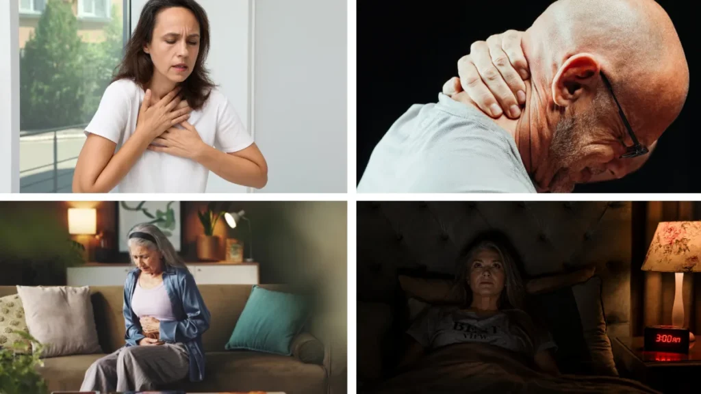 Four-panel collage displays somatic anxiety symptoms like insomnia and digestive discomfort, arranged to help readers recognize autonomic stress.