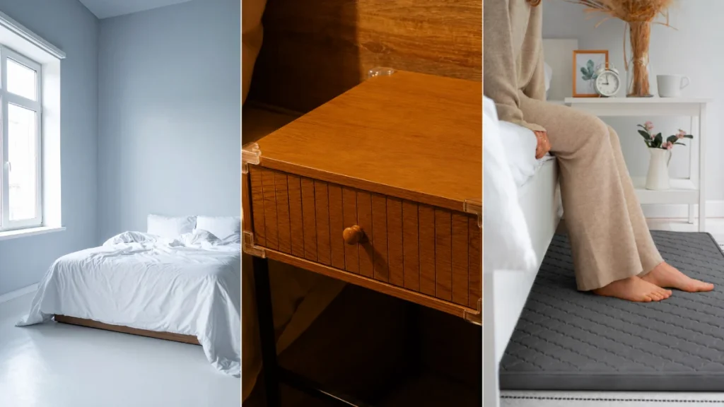 Multi-panel collage demonstrates bedroom safety modifications including clear corner guards and a quilted floor mat.