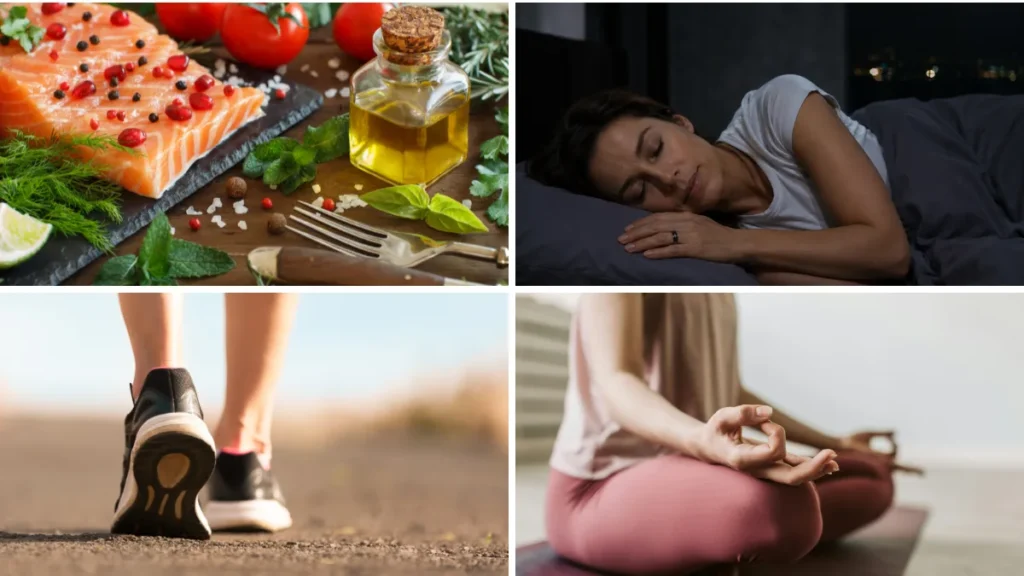 Four-panel lifestyle collage of health habits showing raw salmon, deep sleep, running shoes, and meditation, arranged to help readers adopt age-reversal routines.