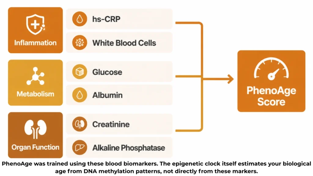 System breakdown chart of PhenoAge biomarkers demonstrating how routine liver, kidney, and metabolic metrics combine into a single biological score.