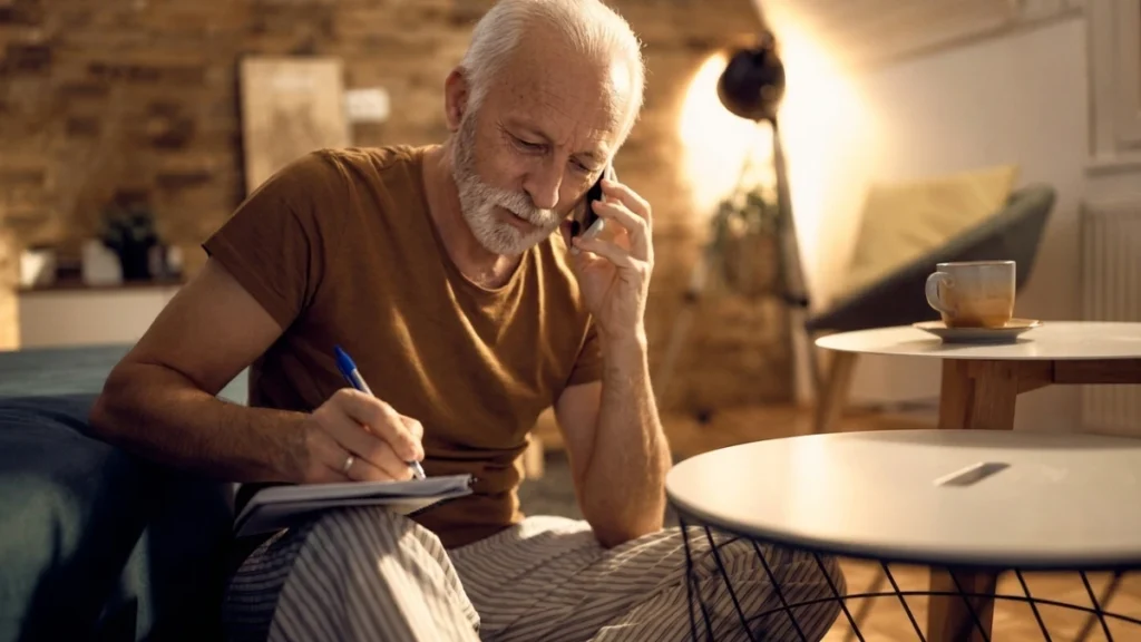 Senior man dialing local support options to address prolonged grief disorder symptoms and protect his long-term wellness.