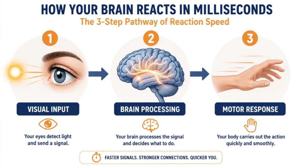 Three-step diagram illustrating reaction speed from visual input to brain processing and motor response, showing how the brain detects, processes, and responds to a visual stimulus.