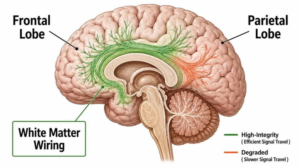Anatomical diagram of white matter wiring between the frontal and parietal lobes, highlighting efficient signal transmission in green and degraded, slower pathways in orange.