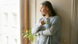 Mature woman looking out a home window thoughtfully to navigate the silent burden of unexpressed grief.